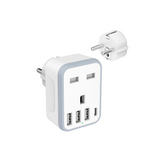 Travel adapter with multiple USB ports on a white background